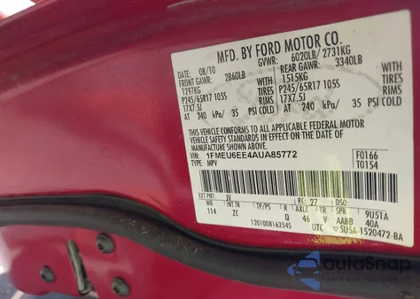 2010 Ford Explorer Eddie Bauer from USA, damaged, VIN 1FMEU6EE4AUA85772